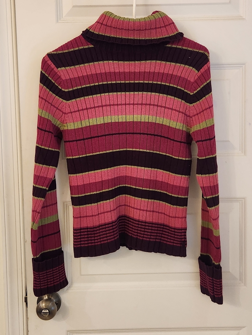 Vtg American Eagle Striped Turtleneck Sweater Size L Cotton Pink Green #M1307